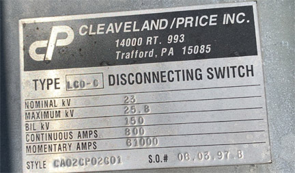 [042224] 800 Amp, CLEAVELAND/PRICE, No. LCO-C, 23000 V., HOOK-STICK CA02CP02G01