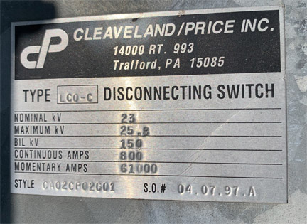 [042232] 800 Amp, CLEAVELAND/PRICE, No. LCO-C, 23000 V., HOOK-STICK CA02CP02G01