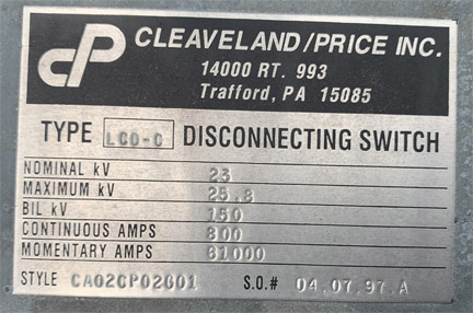 [042236] 800 Amp, CLEAVELAND/PRICE, No. LCO-C, 23000 V., HOOK-STICK CA02CP02G01