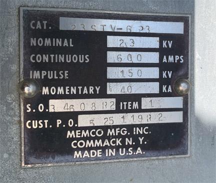 [042238] 600 Amp, MEMCO, No. 23STU-6P3, 23000 V., HOOK STICK DISCONNECT SWITCH:1