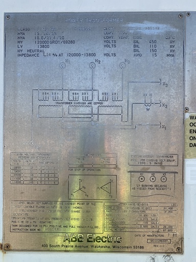 [042248] 15000/28000 KVA, Pri 120000Y/69280, Sec 13800 D, ABB, COPPER, GSU