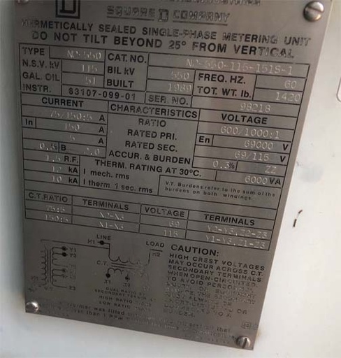 [042325] 69000 V, Sec. 69/115 V, TYPE NS-550, SQ.D HERMATICALLY SEALED METERING CT/PT:2