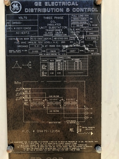 [042327] 15000/22400 KVA, Pri 34500 D, Sec 4160Y/2402, GENERAL ELECTRIC