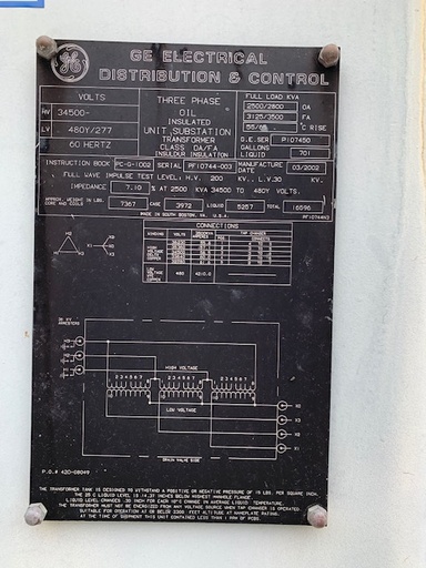 [042330] 2500/3500 KVA, Pri 34500 D, Sec 480Y/277, GENERAL ELECTRIC, COPPER