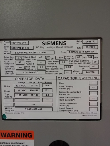 [042332] 1200 Amp, SIEMENS, 5-GMSG-0040-1200-104, 4760 V., 2009, 125 VDC CONTROLS, D/O