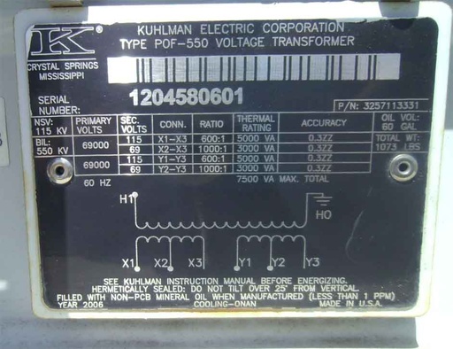 [042348] PRI 69000 V, SEC 115/69, KUHLMAN PT, 2006, 1000/600 & 1000/600 RATIO