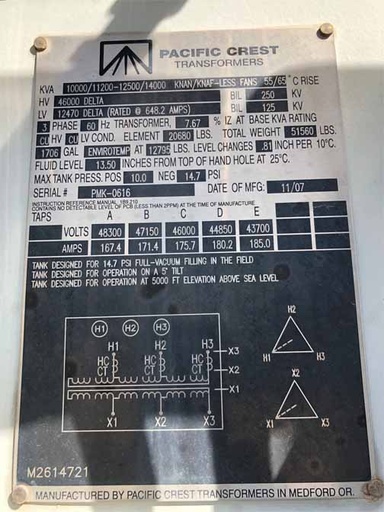 [042365] 10000/14000 KVA, Pri 46000 D, Sec 12470 D, PACIFIC CREST, ENVIROTEMP