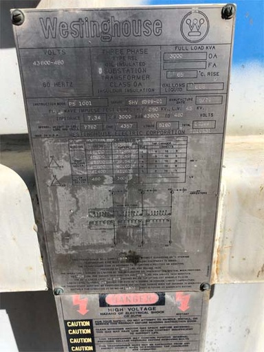 [042370] 3000 KVA, Pri 43800 D, Sec 480 D, WESTINGHOUSE, ALUMINUM WINDINGS