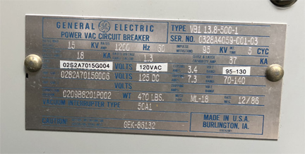 [042432] 1200 Amp, GE, VB1-13.8-500-1, 15 KV, E/O, D/O, 120VAC CLOSE CAP TRIP