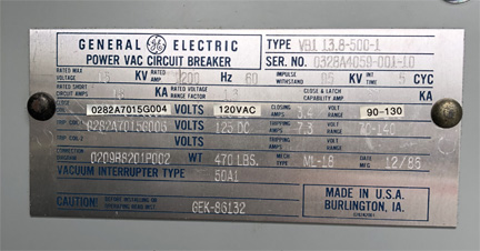 [042433] 1200 Amp, GE, VB1-13.8-500-1, 15 KV, E/O, D/O, 120VAC CLOSE CAP TRIP