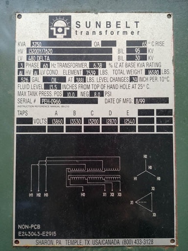 [042479] 3750 KVA, Pri 13200Y/7620, Sec 480 D, SUNBELT, LIVE FRONT, RADIAL FEED