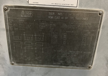 [042501] 2000 KVA, Pri 12470Y/7200, Sec 480Y/277, ABB, OUTDOOR, COPPER