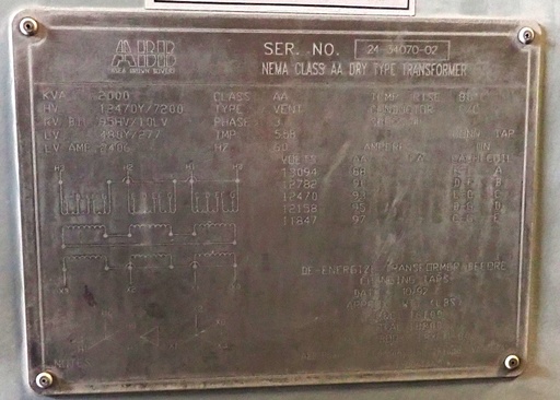 [042502] 2000 KVA, Pri 12470Y/7200, Sec 480Y/277, ABB, OUTDOOR, COPPER