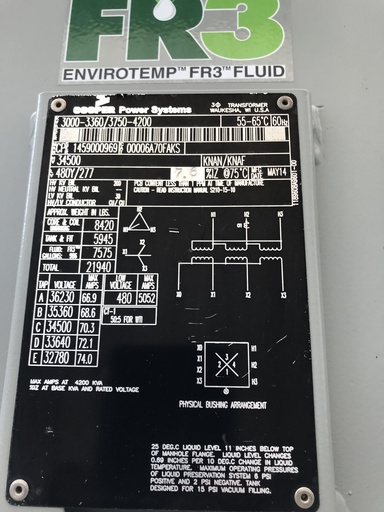 [042504] 3000/4200 KVA, Pri 34500 D, Sec 480Y/277, 2014, COOPER, COPPER, FR3:1