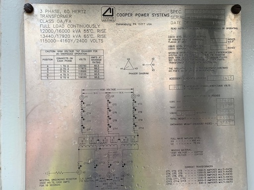 [042549] 12000/17920 KVA, Pri 115000 D, Sec 4160Y/2400, COOPER, COPPER:1