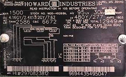 [042567] 1500 KVA, PRI 4160Y/2400 X 13200Y/7620, 480Y/277, HOWARD, LIVE/RADIAL