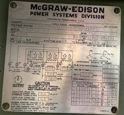 [042604] 750 KVA, Pri 22900Y/13200, Sec 208Y/120, MCGRAW-EDISON, DEAD FRONT, LOOP FEED