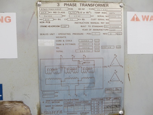 [042633] 3750/4687 KVA, Pri 34500 D, Sec 4160 D, CARTE, COPPER WINDINGS;