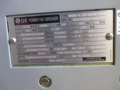 [042655] 3000 Amp, GENERAL ELECTRIC, VB1H-4.76-5-0, 4760 V., ML 18H MECHANISM;