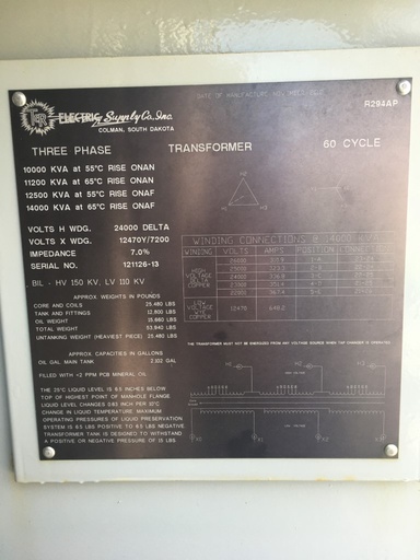 [042663] 10000/14000 KVA, Pri 24000 D, Sec 12470Y/7200, 2012, COPPER WINDINGS