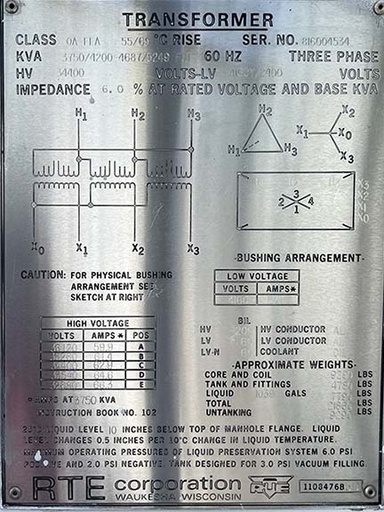 [042669] 3750/4200/4687/5249-FUT KVA, Pri 34400 D, Sec 4160Y/2400, RTE, AL WINDINGS