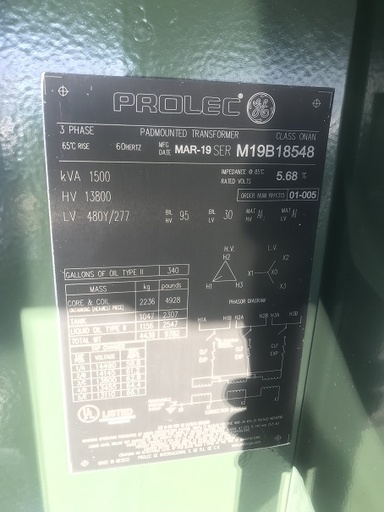 [042684] 1500 KVA, Pri 13800 D, Sec 480Y/277, 2019, GE PROLEC, DEAD FRONT/LOOP FEED, NEW