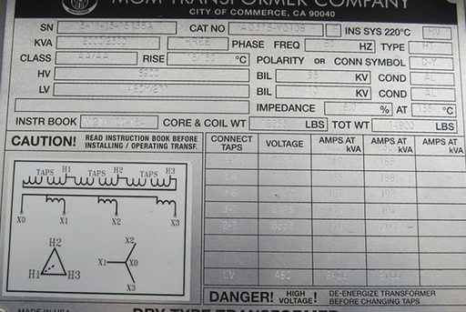 [042688] 2000/2300 KVA, Pri 6900 D x 4160 D, Sec 480Y/277, 2015, MGM, OUTDOOR:1