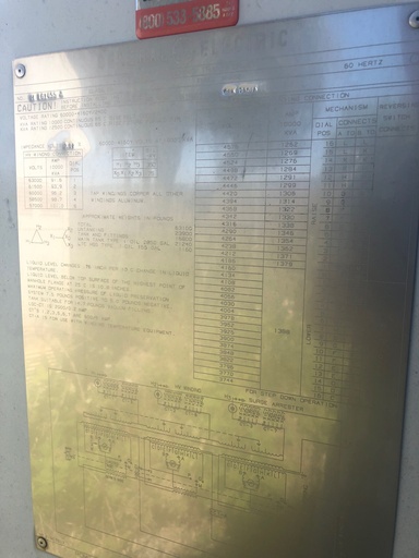 [042728] 10000/12500 KVA, Pri 60000 D, Sec 4160Y/2400, GENERAL ELECTRIC, LTC:1