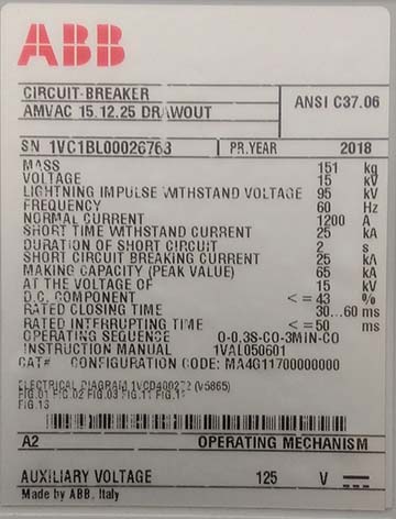 [042739] 1200 Amp, ABB, ADVAC, 15 KV, 125 VDC CONTROLS, DRAW-OUT, UNUSED