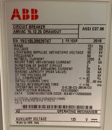 [042742] 1200 Amp, ABB, ADVAC, 15 KV, 125 VDC CONTROLS, DRAW-OUT, UNUSED