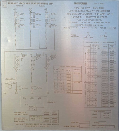 [043885] 18000/30000 KVA, Pri 134000 D, Sec 13800 Y, 1983, FERRANTI-PACKARD, LTC:1