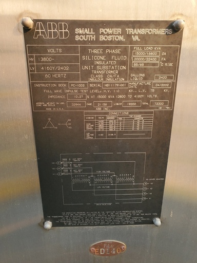 [043908] 15000/22400 KVA, Pri 13800 D, Sec 4160Y/2402, 2002, ABB, SILICONE, COPPER:1