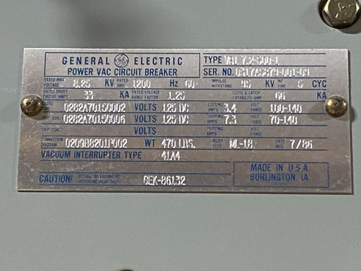 [043923] 1200 Amp, GENERAL ELECTRIC, VB1 7.2-500-1, 8.25 KV, 125 VDC CLOSE & TRIP