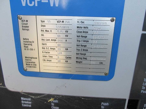 [043968] 1200 Amp, WESTINGHOUSE, 50VCPW-250, 4.76 KV, 48 VDC CLOSE & TRIP, E/O, D/O:1
