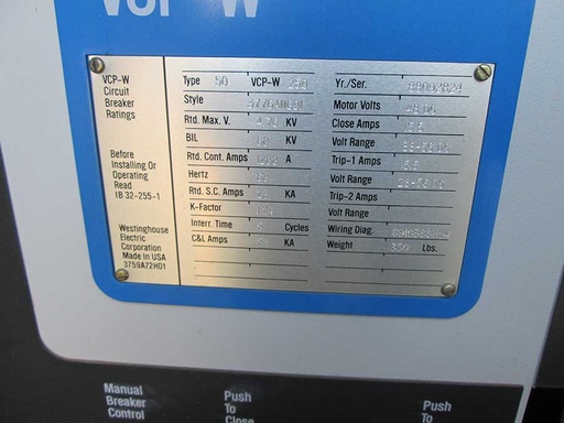 [043969] 1200 Amp, WESTINGHOUSE, 50VCPW-250, 4.76 KV, 48 VDC CLOSE & TRIP, E/O, D/O:1