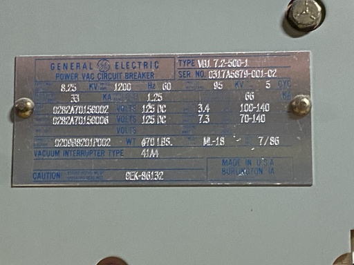 [044005] 1200 Amp, GENERAL ELECTRIC, VB1 71.2-500-1, 8.25 KV, 125 VDC CLOSE & TRIP