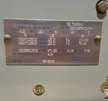 [044006] 1200 Amp, GENERAL ELECTRIC, VB1 71.2-500-1, 8.25 KV, 125 VDC CLOSE & TRIP