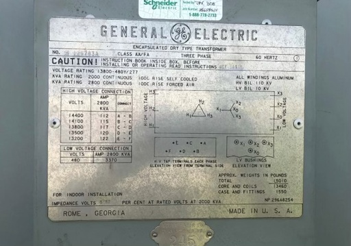 [044008] 2000/2800 KVA, Pri 13800 D, Sec 480Y/277, GENERAL ELECTRIC, OUTDOOR:1