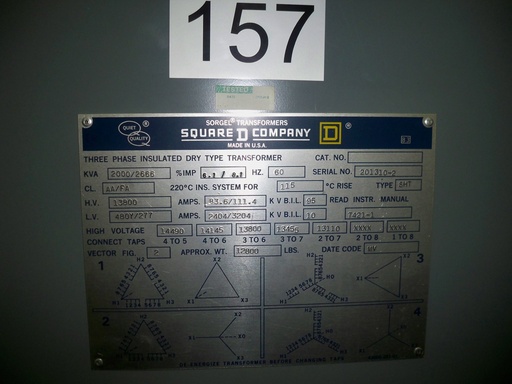 [044036] 2000/2666 KVA, Pri 13800 D, Sec 480Y/277, SQUARE D TYPE SHT, INDOOR:1