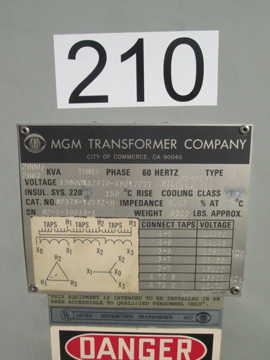 [044037] 2000/2667 KVA, Pri 13800 D X 12470 D, Sec 480Y/277, MGM TYPE HT, INDOOR:1