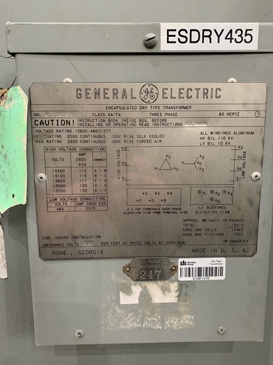 [044039] 2000/2800 KVA, Pri 13800 D, Sec 480Y/277, GENERAL ELECTRIC, INDOOR:1