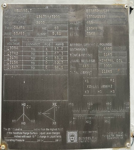 [044040] 1500/1932 KVA, Pri 12470Y/7200, Sec 2400 D, SUNBELT:1