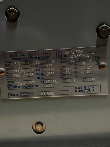 [044073] 1200 Amp, GENERAL ELECTRIC, VB1 7.2-500-1, 8.25 KV, 125 VDC CLOSE & TRIP