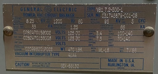 [044076] 1200 Amp, GENERAL ELECTRIC, VB1 7.2-500-1, 8.25 KV, 125 VDC CLOSE & TRIP