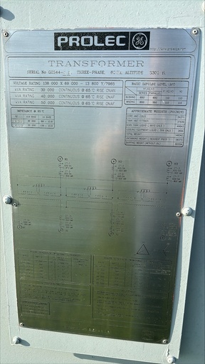 [044085] 30/40/50 MVA, Pri 138000x69000D, Sec 13800Yx7965, GE PROLEC,