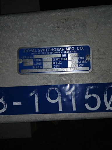 [044097] 3000 Amp, ROYAL, No. VT1350, 15000 V, 2019, VERTICAL MOUNT/HORIZONTAL BREAK