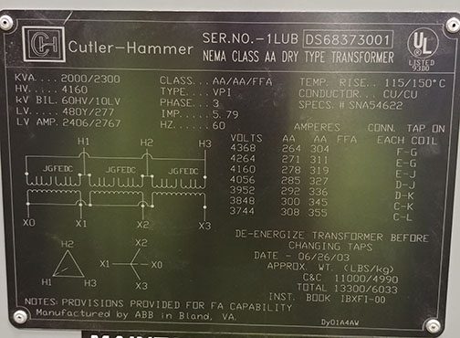[044155] 2000/2300 KVA, Pri 4160 D, Sec 480Y/277, 2003, CUTLER-HAMMER, INDOOR, COPPER:1
