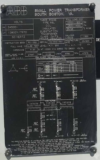[044210] 10000/14000 KVA, Pri 34500 D, Sec 13800Y/7970, ABB, ALUMINUM