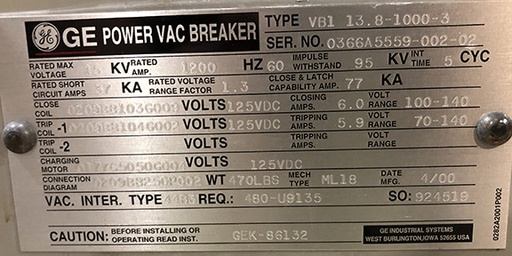 [044301] 1200 Amp, GENERAL ELECTRIC, VB1-13.8-1000-3, 15 KV, 2000, 125 VDC, ML18 MECH.