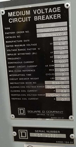 [044308] 1200 Amp, SQUARE D, VR 75D3153N000 A, 4760 V, 2001, 120 VAC CLOSE, 125 VDC TRIP